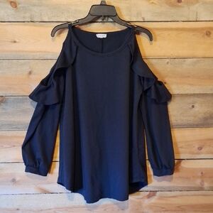 Elegant Bkack Cold Shoulder With Ruffle Blouse